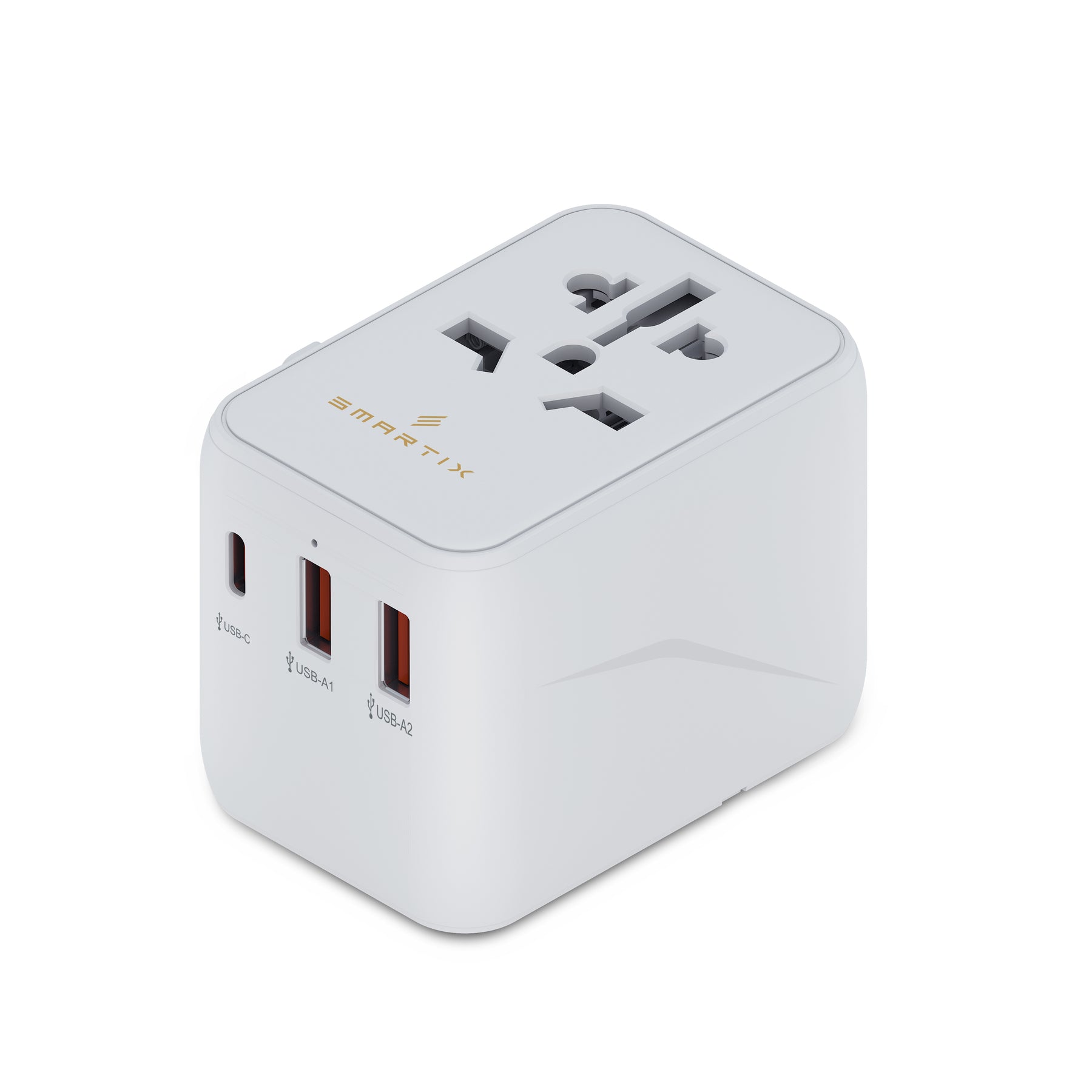 Smartix Universal Travel Adaptor 20W, 4-in-1 Fast Charger 1xUSB-C & 2xUSB-A Ports, 2500W Power Socket, Portable Charger for Iphone, Android, Laptop, Drone, Compatible for USA, UK, EU, AU, Asia- White