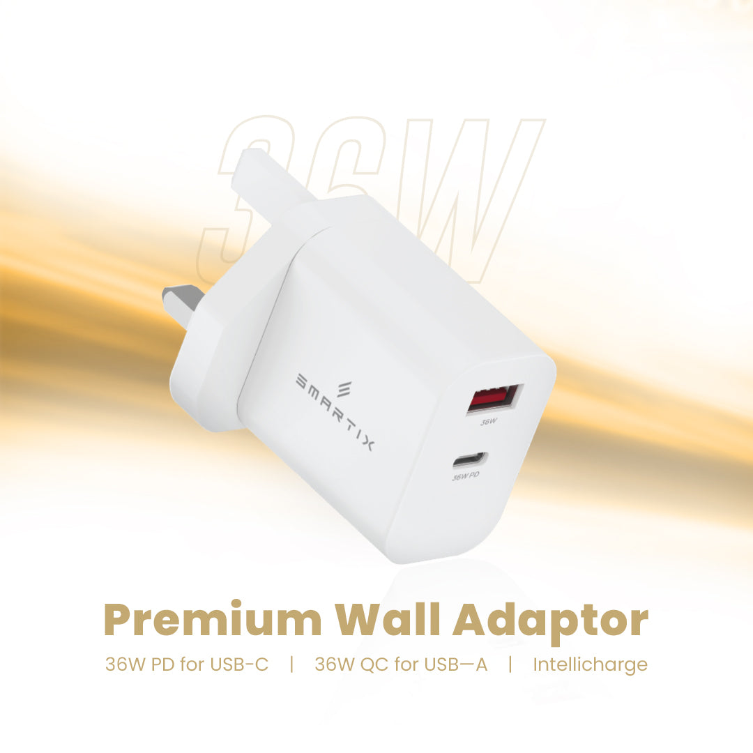 Smartix Premium Dual Port 36W USB-C PD & 36W USB-A QC Fast Charger for Smartphone, Laptop, Computer & Tablets, Compatible with iPhone (15/14/13/12/11, XS/X), Samsung & Others - White (Cable Excluded)