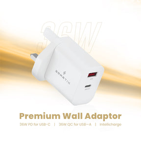 Smartix Premium Dual Port 36W USB-C PD & 36W USB-A QC Fast Charger for Smartphone, Laptop, Computer & Tablets, Compatible with iPhone (15/14/13/12/11, XS/X), Samsung & Others - White (Cable Excluded)