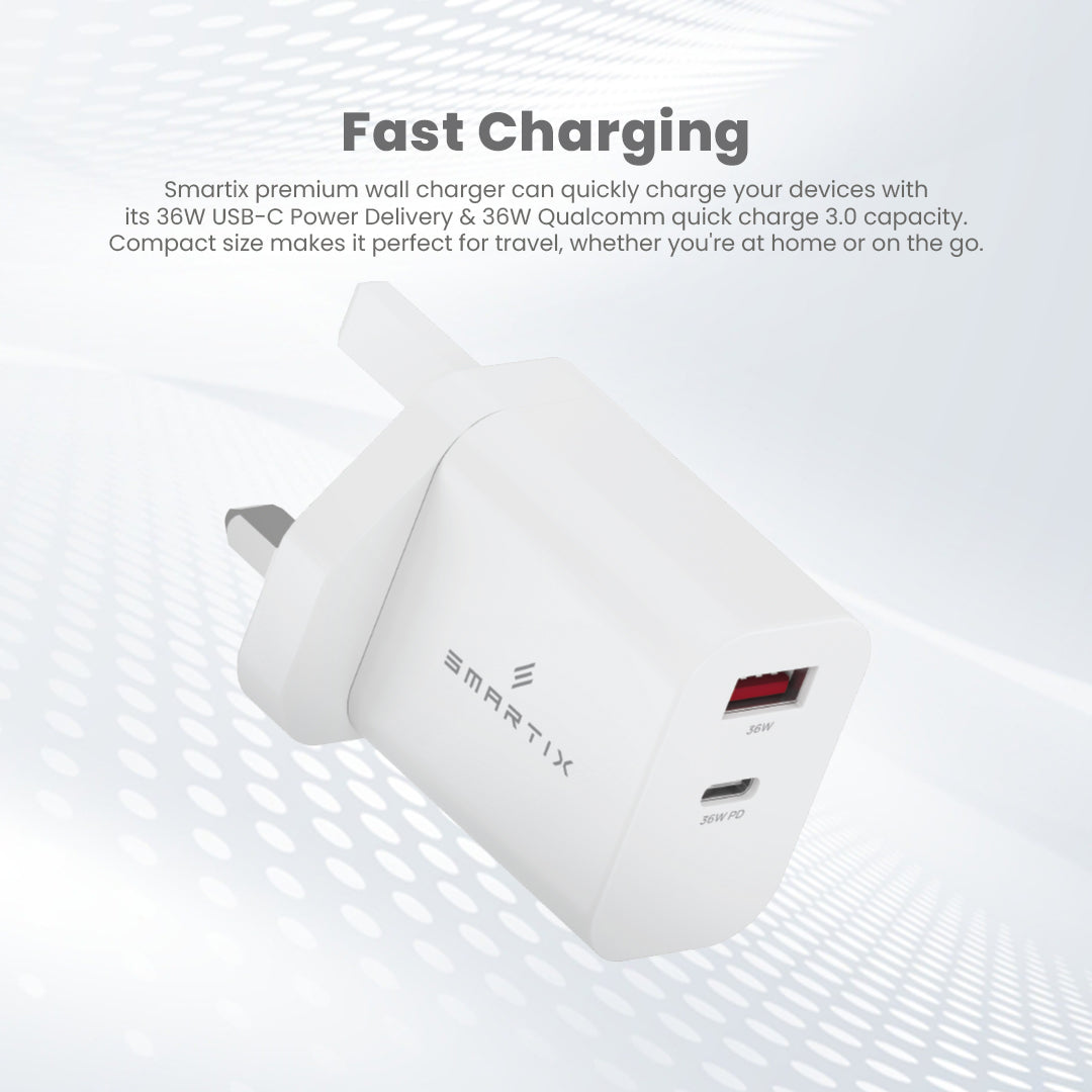 Smartix Premium Dual Port 36W USB-C PD & 36W USB-A QC Fast Charger for Smartphone, Laptop, Computer & Tablets, Compatible with iPhone (15/14/13/12/11, XS/X), Samsung & Others - White (Cable Excluded)