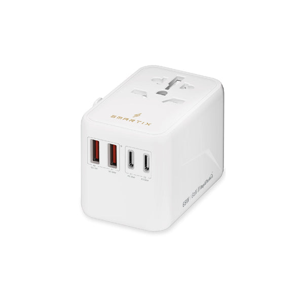 Smartix Premium Universal 65W Travel Adapter: GaN Fast Charger, 2xUSB-C & 2xUSB-A, 2500W Power, Worldwide Compatibility - White Smart Infocomm