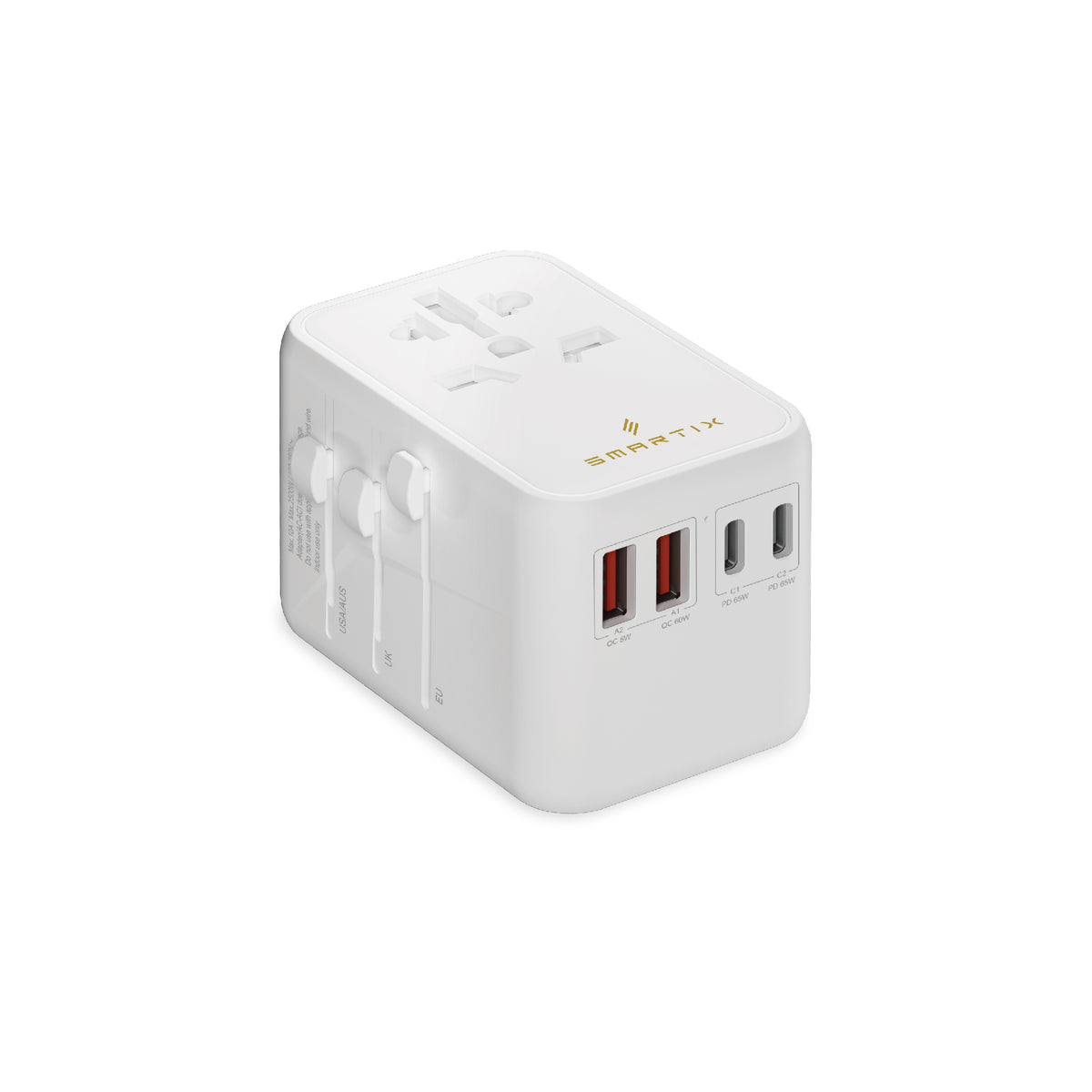 Smartix Premium Universal 65W Travel Adapter: GaN Fast Charger, 2xUSB-C & 2xUSB-A, 2500W Power, Worldwide Compatibility - White