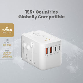 Smartix Premium Universal 65W Travel Adapter: GaN Fast Charger, 2xUSB-C & 2xUSB-A, 2500W Power, Worldwide Compatibility - White