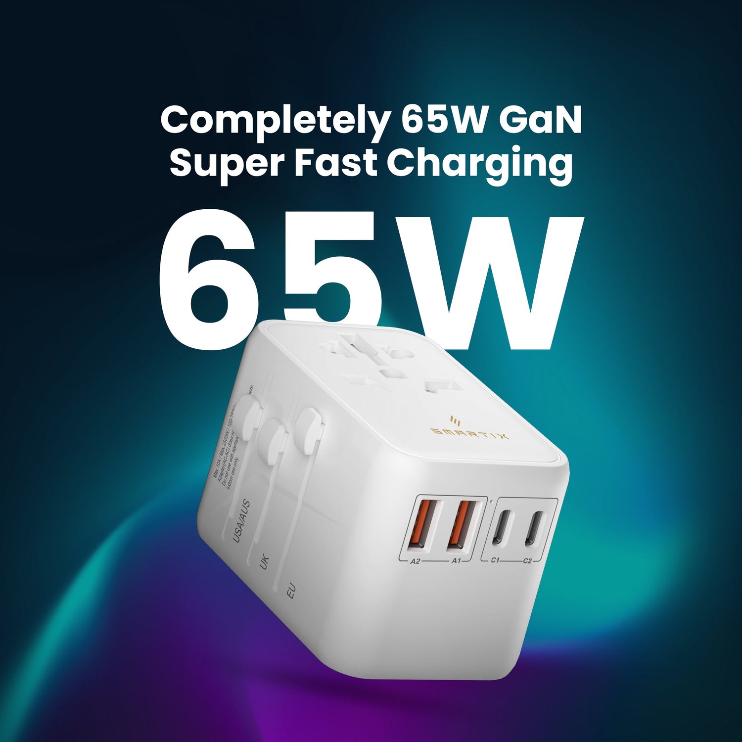 Smartix Premium Universal 65W Travel Adapter: GaN Fast Charger, 2xUSB-
