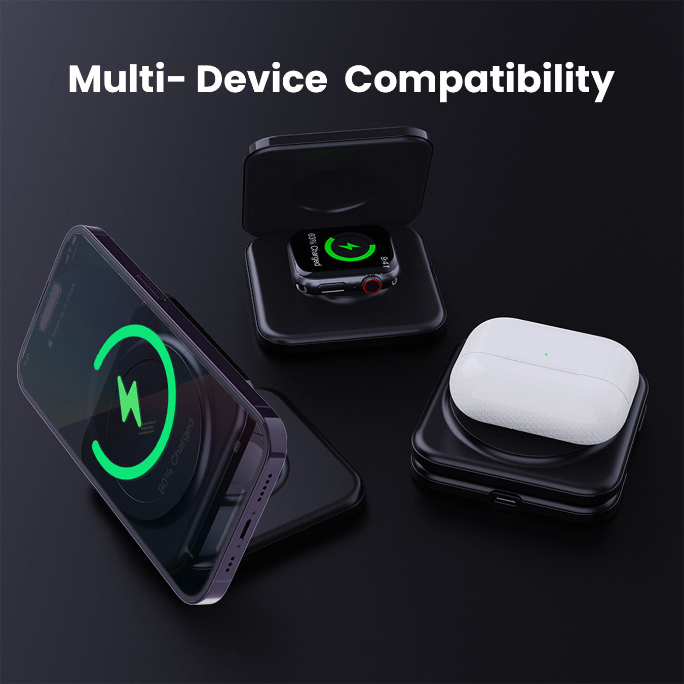 Smartix Dual Magnetic Qi Certified Wireless Fast Charger for Apple Devices, Foldable Mag-safe Charger Compatible with iPhone 15/14/13/12/ Apple Watch/AirPods, Output 5W-15W Apple Charger - Black