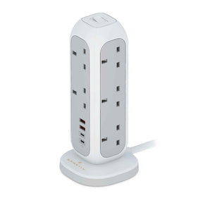 Extension Cord, Smartix 15-In-1 Heavy Duty Surge Protector Power Strip Tower with 11 AC Outlet, 35W 2xUSB-C PD & 2xUSB-A QC Ports, Overload Protection, Extension Cord 10m, Power Socket - 3250W, White