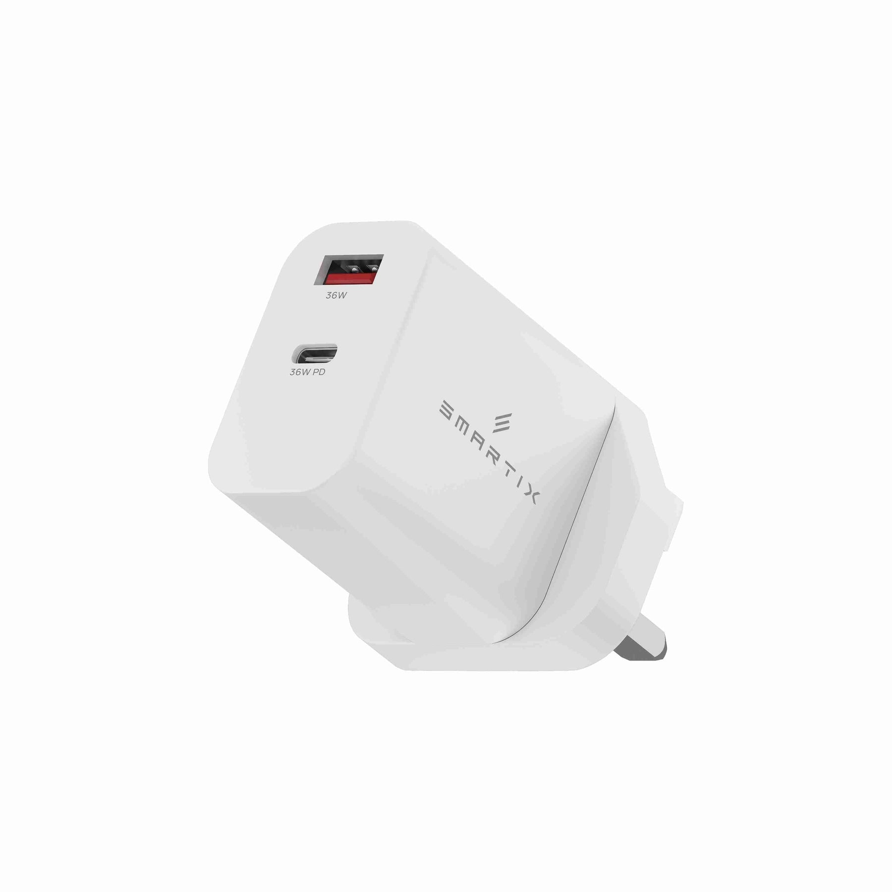 Smartix Premium Dual Port 36W USB-C PD & 36W USB-A QC Fast Charger for Smartphone, Laptop, Computer & Tablets, Compatible with iPhone (15/14/13/12/11, XS/X), Samsung & Others - White (Cable Excluded)