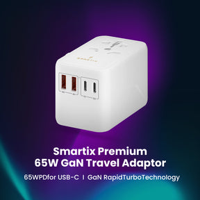 Smartix Universal Travel Adaptor 65W, GaN Charger, Fast Charger 2xUSB-C & 2xUSB-A Ports, 2500W Power Socket, Portable Charger for Iphone, Android, Laptop, Drone, Compatible for USA,UK,EU,AU,Asia-White