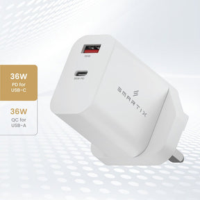 Smartix Premium 36W Dual Port Fast Charger: USB - C PD & USB - A QC for iPhone, Samsung, Laptops & Tablets - White - SMART INFOCOMM FZ - LLC