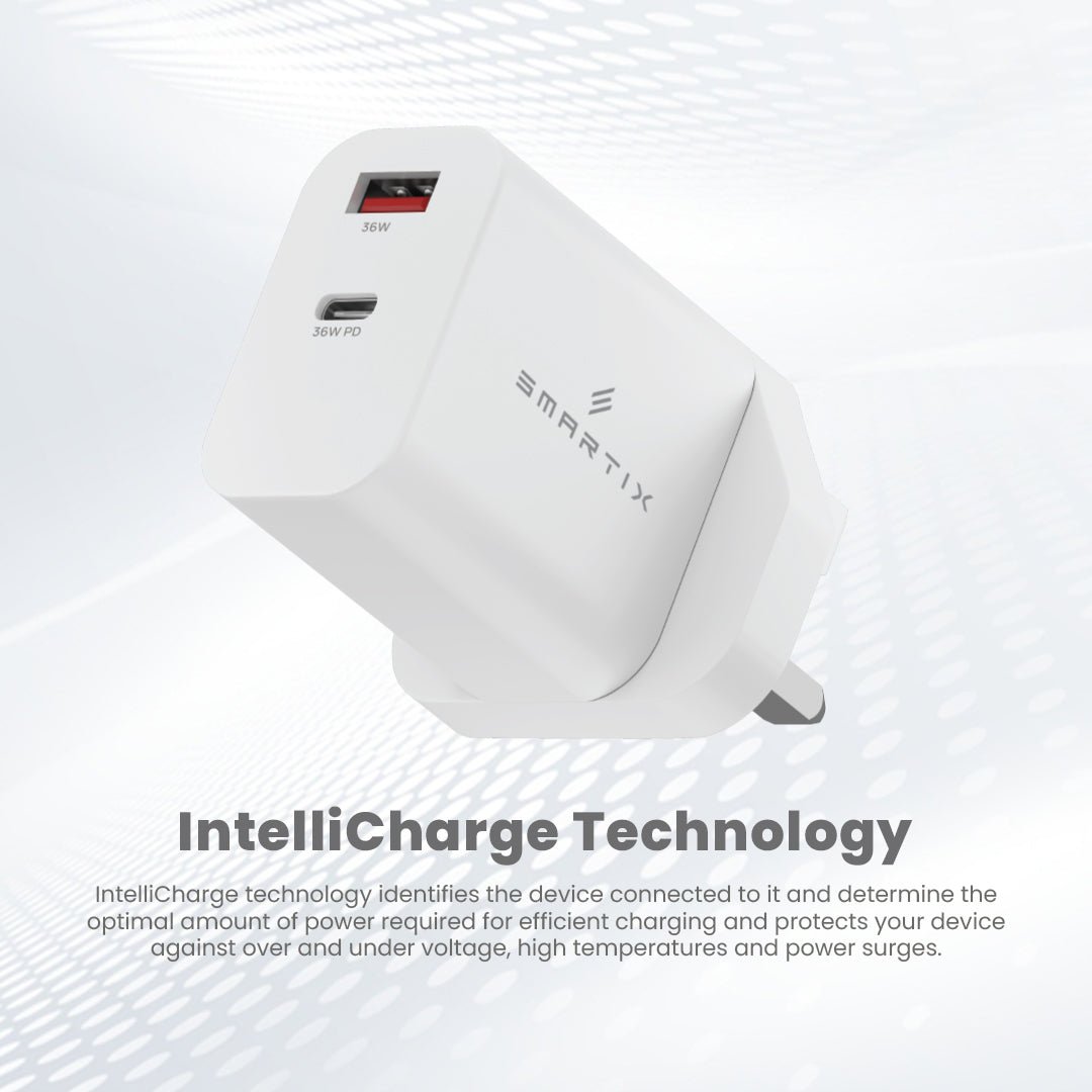 Smartix Premium 36W Dual Port Fast Charger: USB - C PD & USB - A QC for iPhone, Samsung, Laptops & Tablets - White - SMART INFOCOMM FZ - LLC